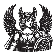 Beautiful warrior Valkyrie. Vintage engraving vector illustration. outline emblem, icon, logo. Black and white