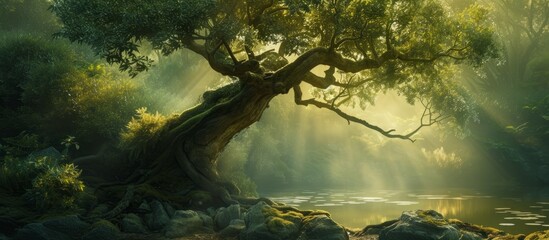 A beautiful landscape with a tree and a river flowing nearby, surrounded by a lush forest