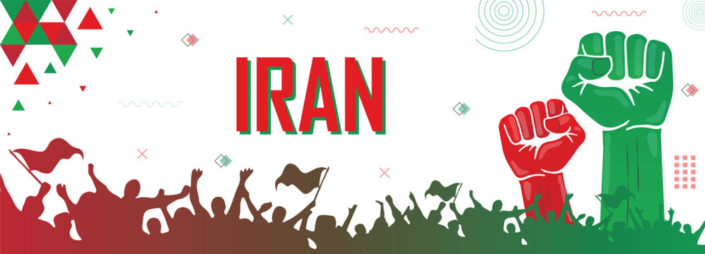 People Cheer For Iran, Patriot Nation, Red And Green Color Combination Banner, Geometric Abstract Background, Raised Fist, Human Hand, National Celebration, Strike, Parade, Riot, Protest Or Rally