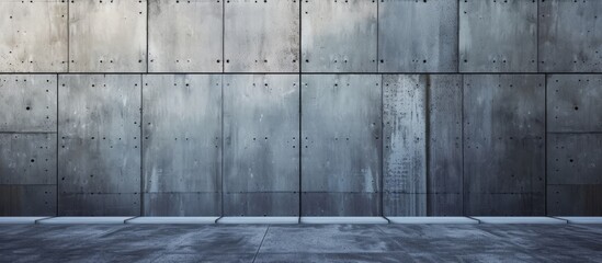 The empty room features a grey concrete floor, a concrete wall, and a transparent glass facade, allowing tints and shades of darkness to create a monochrome photography-like pattern.
