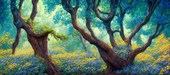 Enchanted forest of old trees and charming blue and yellow spring season flowers in bloom, misty fairytale woods with calm tranquility of nature.