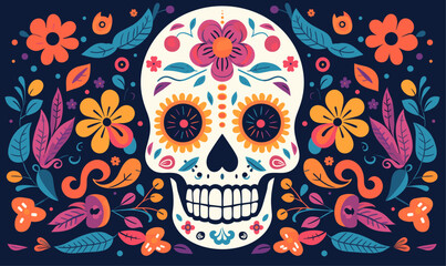 skull in flowers style vector illustration - obrazy, fototapety, plakaty