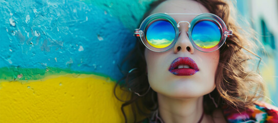 beautiful woman wearing colorful sunglasses against multi color background. Photo of young stylish energetic woman wearing vivid spectacles. Fashion design
