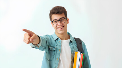 A young teacher in glasses with books finger pointed at you,