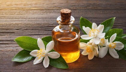Neroli essential oil with flowers on a wooden background 