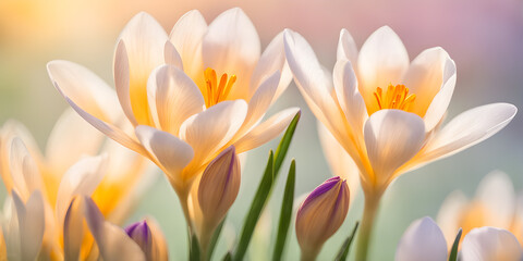 Bright crocuses in the morning light, first spring wildflowers, bokeh effect, selective focus