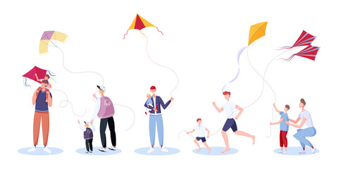Set of people with kids flying kites outdoors. Father and son running and walking, holding flying wind toy in hands. Kite flying day. Flat style people vector illustration.