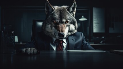 Wolf in Business Suit Seated at Office Desk - obrazy, fototapety, plakaty