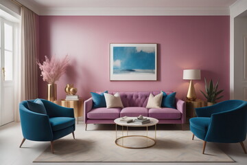interior of modern living room with purple sideboard over pink stucco wall
