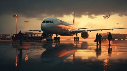 Rainy Twilight at the Airport with Passenger Aircraft - obrazy, fototapety, plakaty