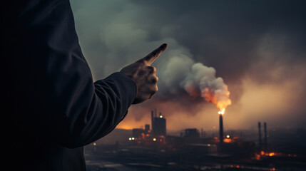 Pointing at Industrial Pollution and Smokestacks - obrazy, fototapety, plakaty