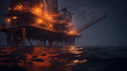 Offshore Oil Rig Against a Rainy Seascape