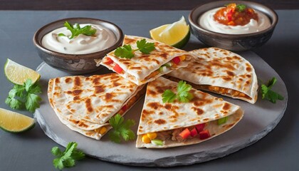 Quesadillas presented in a Tasteful Way with Melted Cheese on a Platter - Spanish or Mexican Cuisine