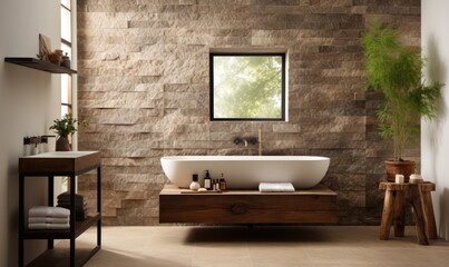 Fototapeta na wymiar Modern Bathroom with Stone Wall and Freestanding Tub