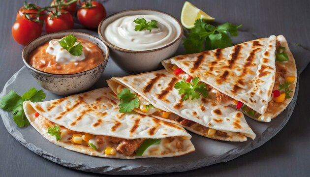 Quesadillas presented in a Tasteful Way with Melted Cheese on a Platter - Spanish or Mexican Cuisine