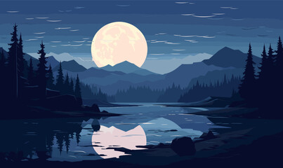 lake and moon vector illustration - obrazy, fototapety, plakaty