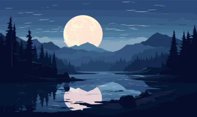 Papier Peint photo Lavable Blue nuit lake and moon vector illustration