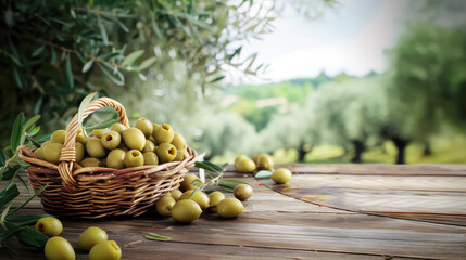 green olives in a wicker basket on a wooden table against the background of an olive plantation, copy space
