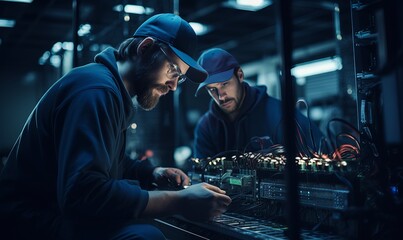Engineers fixing server issues in the server room