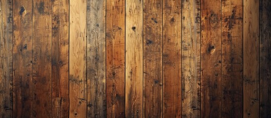 Obraz premium A detailed shot of a brown wooden wall featuring a patterned plank flooring with a blurred background.