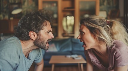 Domestic quarrels and abuse. Man and woman fighting and shouting at each other. - obrazy, fototapety, plakaty