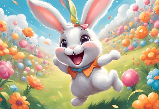 happy easter bunny jumping with easter egg