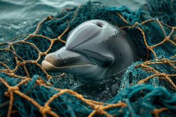 Baby dolphin entangled in a fishing net. Ocean pollution, environmental problems.