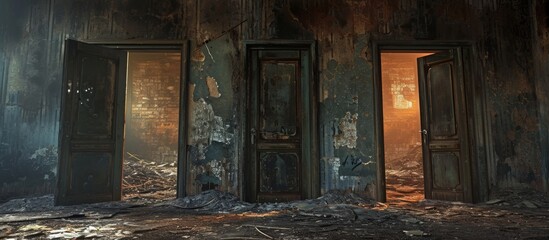 In an art gallery, a building facade showcases three wooden doors engulfed in fiery flames. - obrazy, fototapety, plakaty
