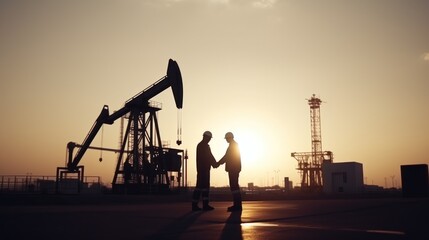 Oil Workers Handshaking in Front of Pump Jack