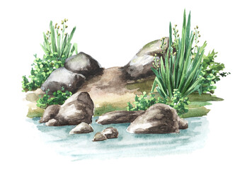 Garden Decorative pond shore, Landscape design element. Hand drawn watercolor illustration isolated on white background