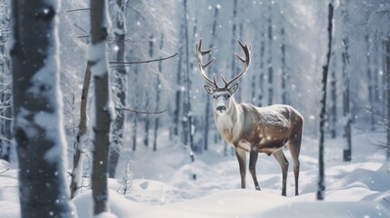 Naklejka na ściany i meble Majestic Deer in a Snowy Forest