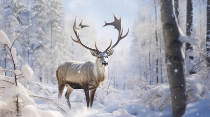 Naklejka na ściany i meble Majestic Deer in a Snowy Forest