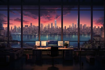 Fototapeta na wymiar Office workspace sunset. Room city. Generate Ai