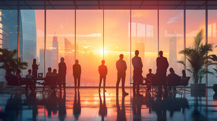 Working together in the morning Many shadowy businessmen take part in the meeting in the soft glow of the morning light. Combining productivity and innovation in a modern environment. Sunrise Strategy - obrazy, fototapety, plakaty