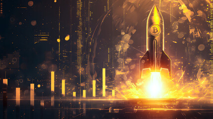 golden coin rocket, the Bitcoin symbol drives higher This indicates the rising value of cryptocurrencies. Suitable for financial technology concepts Ready for creative projects