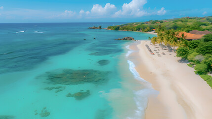 Quiet coastal tranquility, beach on a remote tropical island at sunset. Aerial view. Suitable for travel brochures and relaxation websites. pristine beach