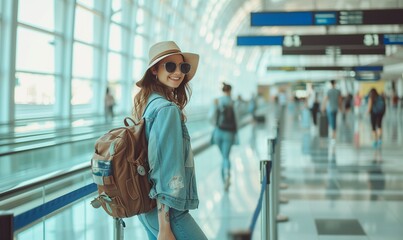 Fototapeta premium A happy young woman with a backpack and a beach hat at the airport goes on a trip. Horizontal photo, bokeh effect, blurred background.