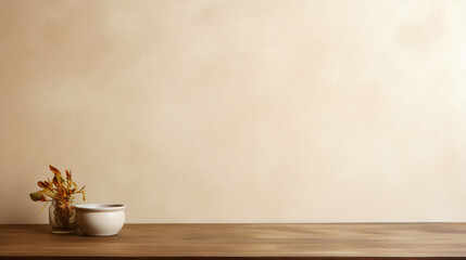 Empty Table On Beige Texture Wall