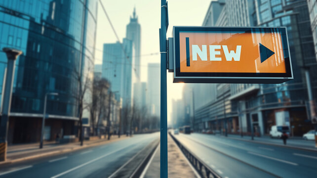 Road sign with the text NEW, city street background. Innovative business approach. Progressive changes, improvements, adaption