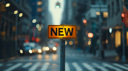 Traffic sign with the text NEW, city street background. Innovative business approach. Progressive changes, improvements, adaption