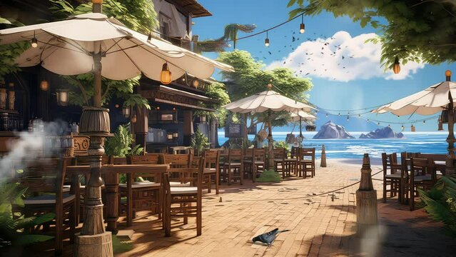 Animation tropical cafe on a beautiful beach  seamless 4k video background. generated with ai	
