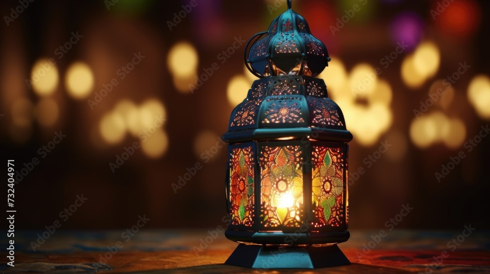 Poster a lantern with a lit candle inside. can be used as a decorative piece or for creating a cozy atmosph