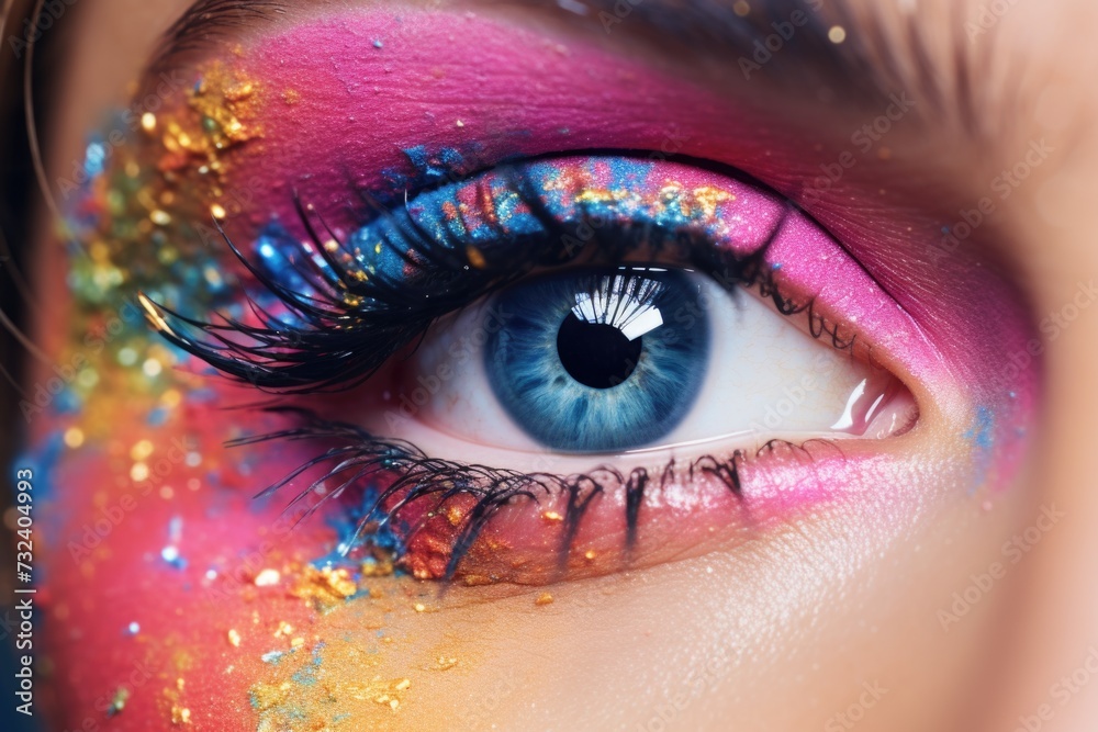 Poster A close-up view of a person's eye with sparkling glitter. This image can be used for various creative projects and makeup tutorials