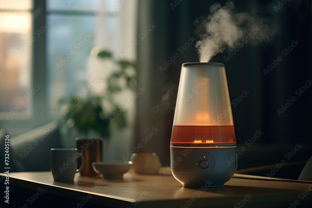 Poster a humidifier sitting on top of a table next to a cup of coffee. ideal for home or office use