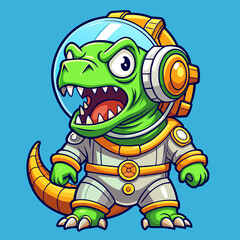 Obraz premium T-rex Angry , cute, style , Big eye , Full Human Body , art 90 style , space suit, headset