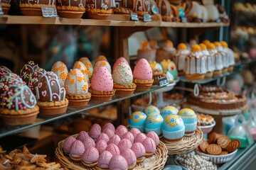 Easter Bakery Display with Decorative Egg Treats including cakes and cookies shaped like decorative eggs