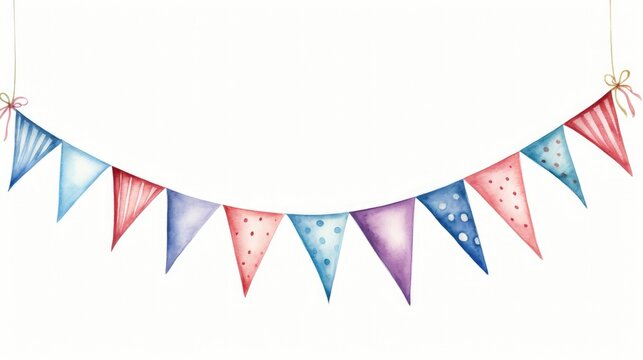 A watercolor drawing of a bunting of flags. This versatile image can be used for various occasions and celebrations