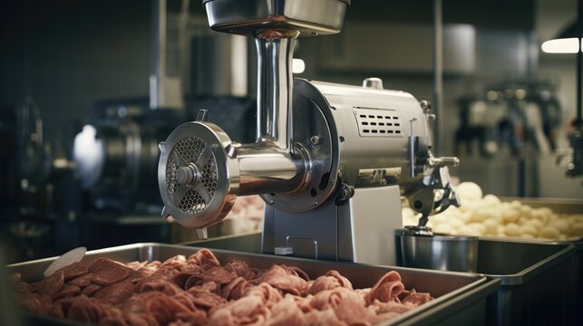 A meat grinder in a kitchen filled with fresh meat. Ideal for food preparation and cooking projects - Powered by Adobe