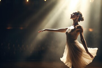 A woman in a dress is dancing on a stage. Suitable for dance performances and theatrical productions