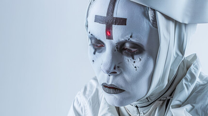 Terrible nurse with a black cross on her forehead. Portrait of a nurse in horror style.